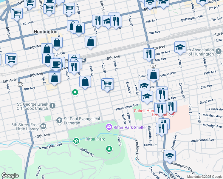 map of restaurants, bars, coffee shops, grocery stores, and more near 1207 Kanawha Terrace in Huntington
