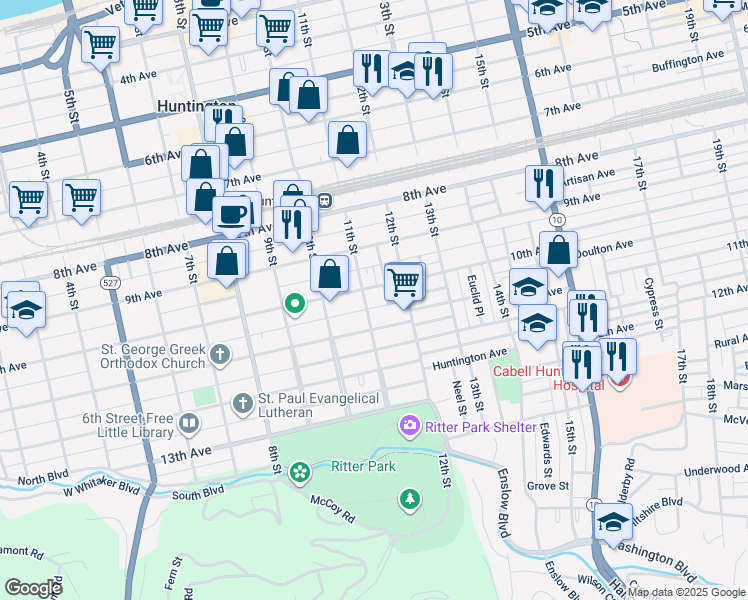 map of restaurants, bars, coffee shops, grocery stores, and more near 1112 11th Avenue in Huntington
