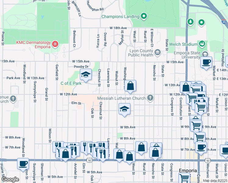map of restaurants, bars, coffee shops, grocery stores, and more near 905 West 12th Avenue in Emporia