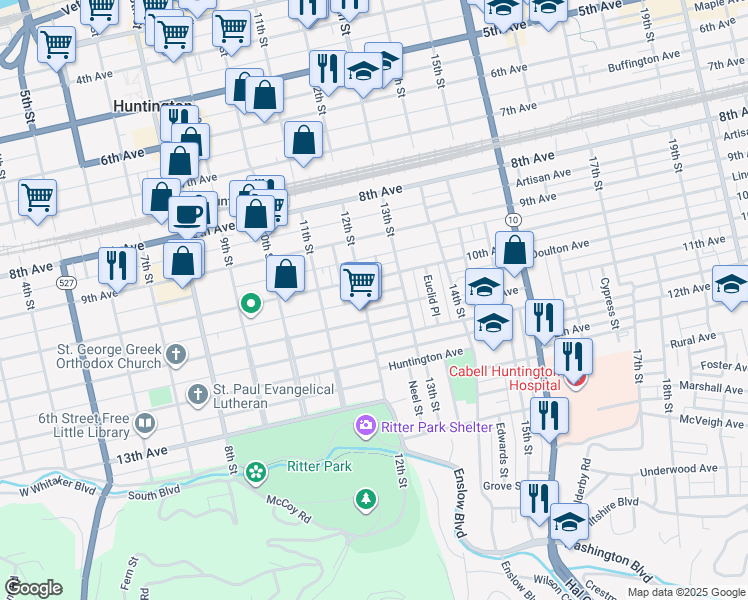 map of restaurants, bars, coffee shops, grocery stores, and more near 1207 Kanawha Terrace in Huntington