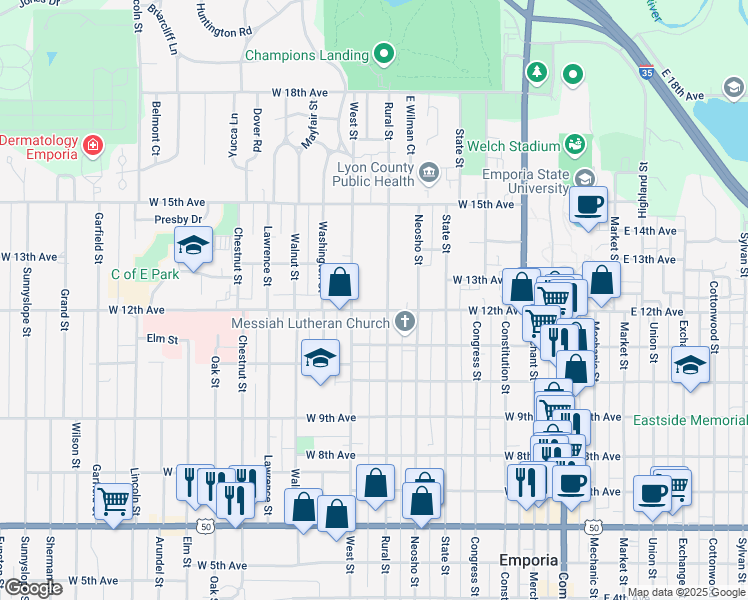 map of restaurants, bars, coffee shops, grocery stores, and more near 606 West 12th Avenue in Emporia