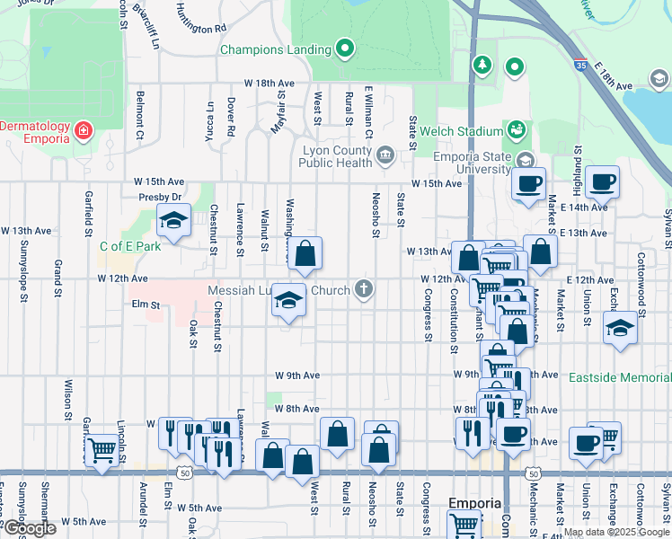 map of restaurants, bars, coffee shops, grocery stores, and more near 606 West 12th Avenue in Emporia