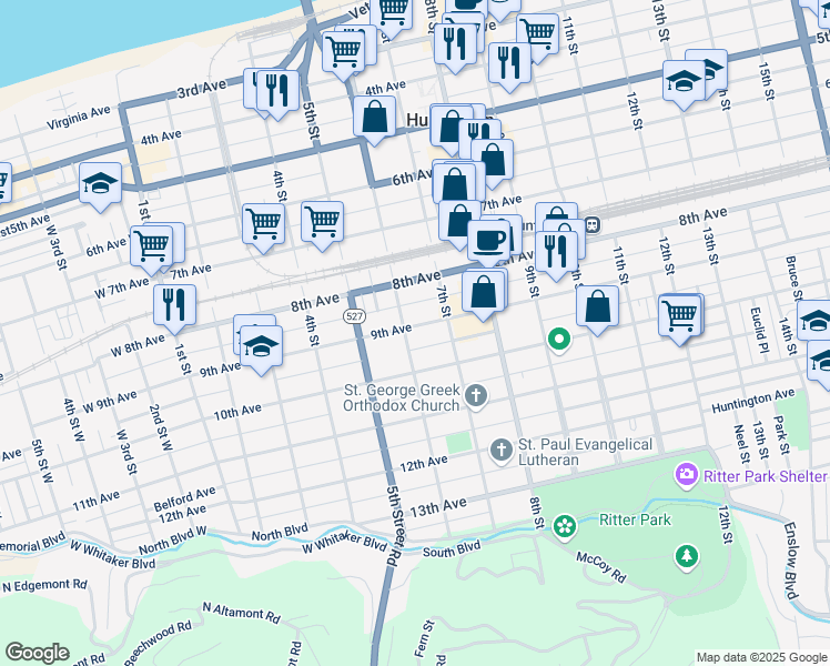map of restaurants, bars, coffee shops, grocery stores, and more near 610 10th Avenue in Huntington