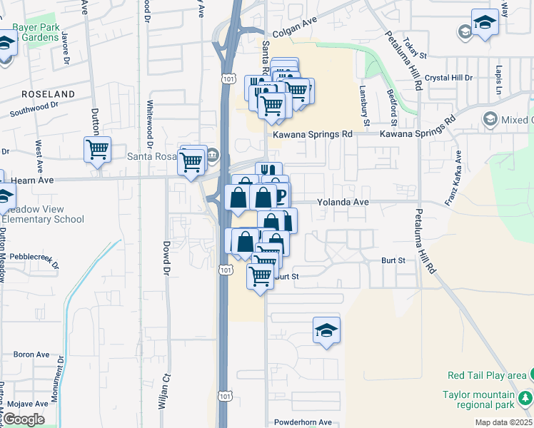 map of restaurants, bars, coffee shops, grocery stores, and more near 2664 Santa Rosa Avenue in Santa Rosa