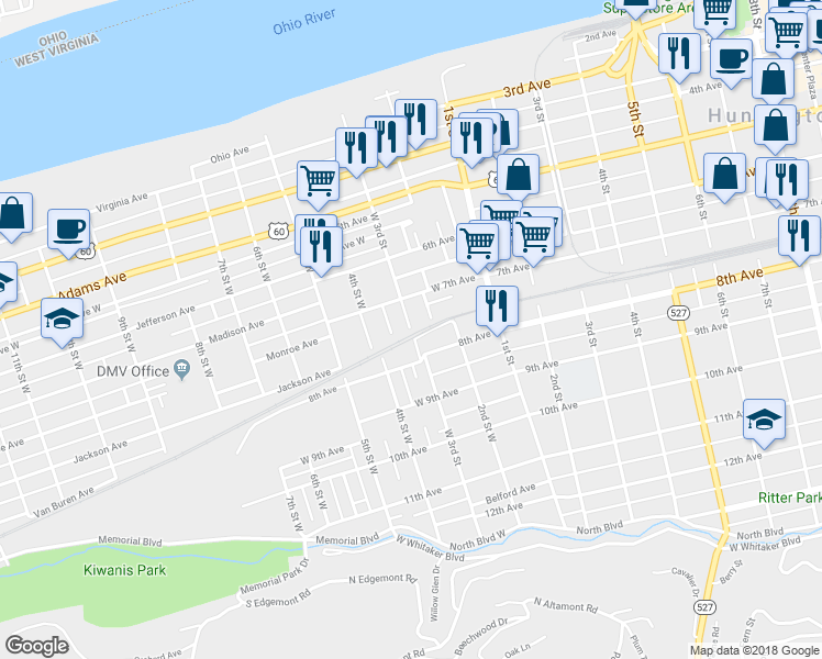 map of restaurants, bars, coffee shops, grocery stores, and more near West 3rd Street in Huntington