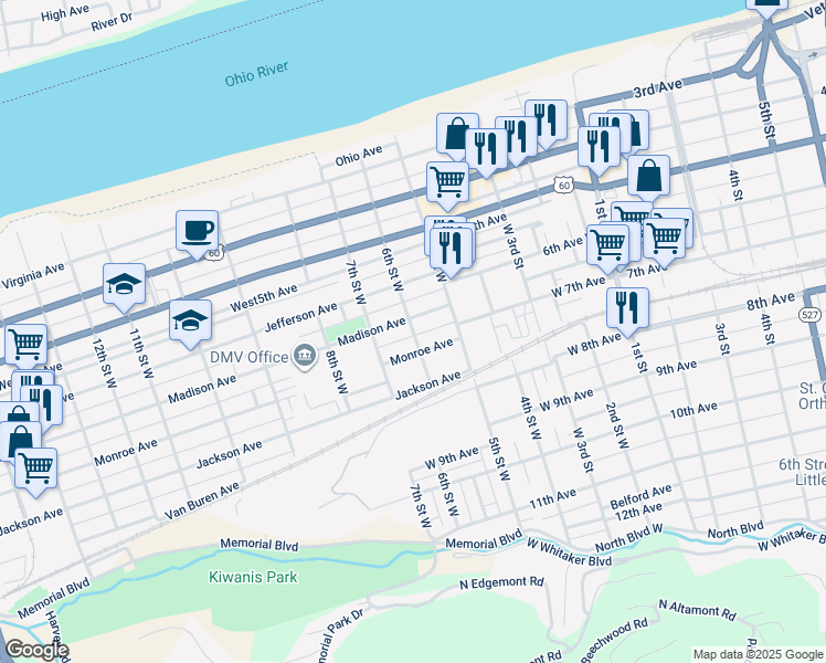 map of restaurants, bars, coffee shops, grocery stores, and more near 716-728 6th St W in Huntington