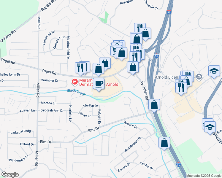 map of restaurants, bars, coffee shops, grocery stores, and more near 14 in Arnold