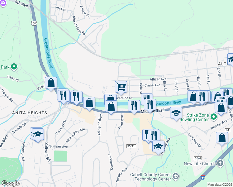 map of restaurants, bars, coffee shops, grocery stores, and more near 3308 Riverside Dr in Huntington