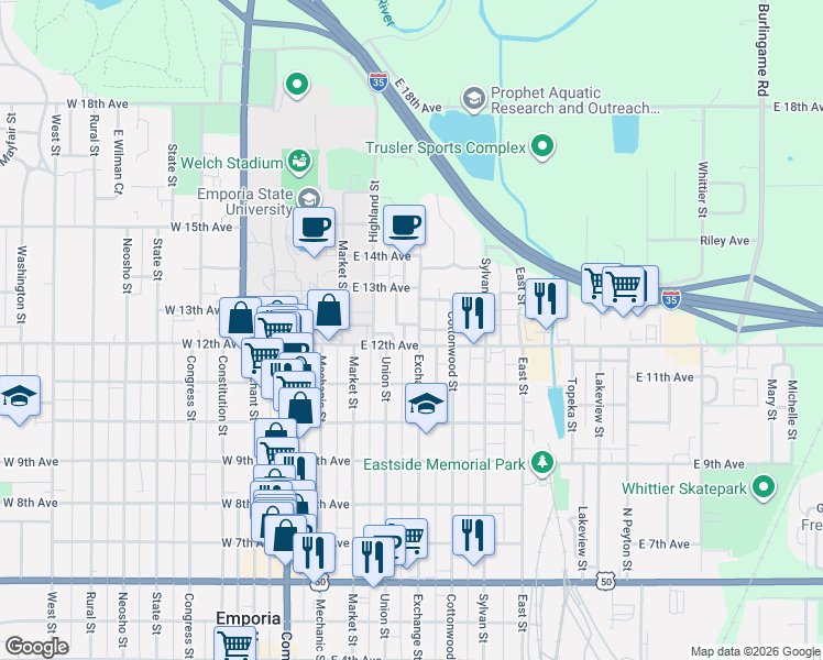 map of restaurants, bars, coffee shops, grocery stores, and more near 1121 Exchange Street in Emporia