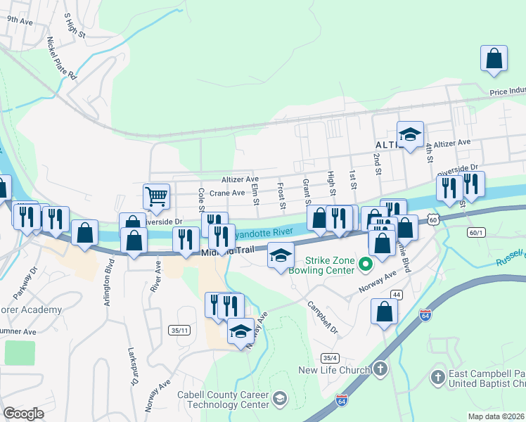 map of restaurants, bars, coffee shops, grocery stores, and more near 3725 Crane Avenue in Huntington