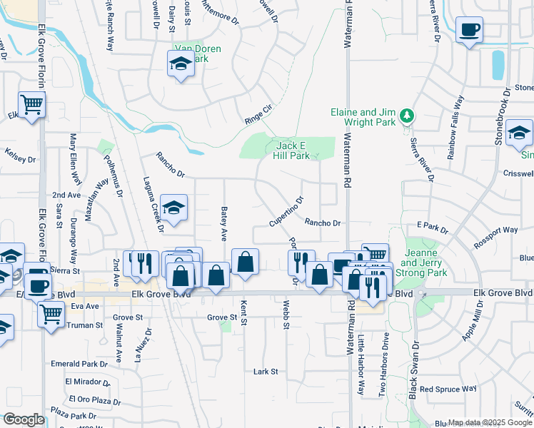 map of restaurants, bars, coffee shops, grocery stores, and more near 9222 Rancho Drive in Elk Grove