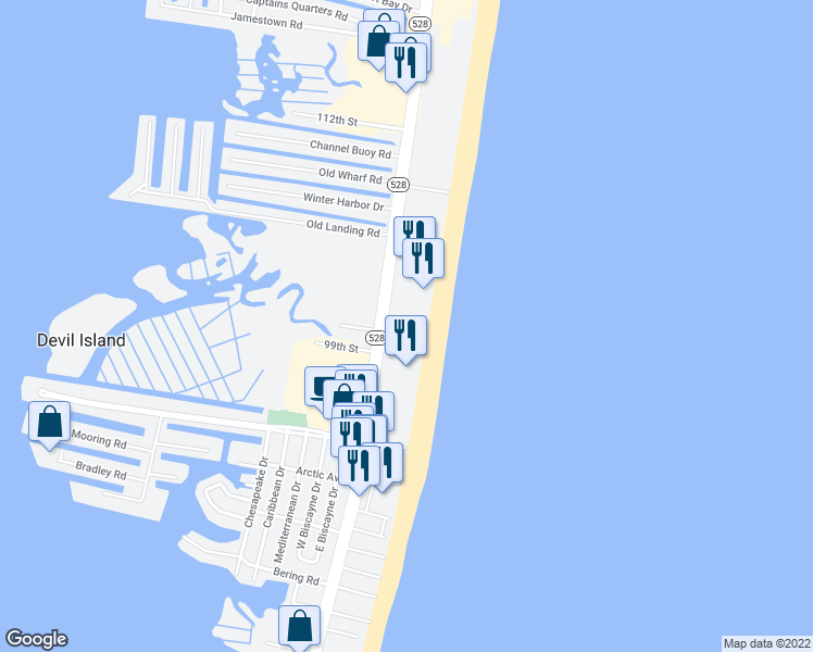 map of restaurants, bars, coffee shops, grocery stores, and more near 10002 Maryland 528 in Ocean City