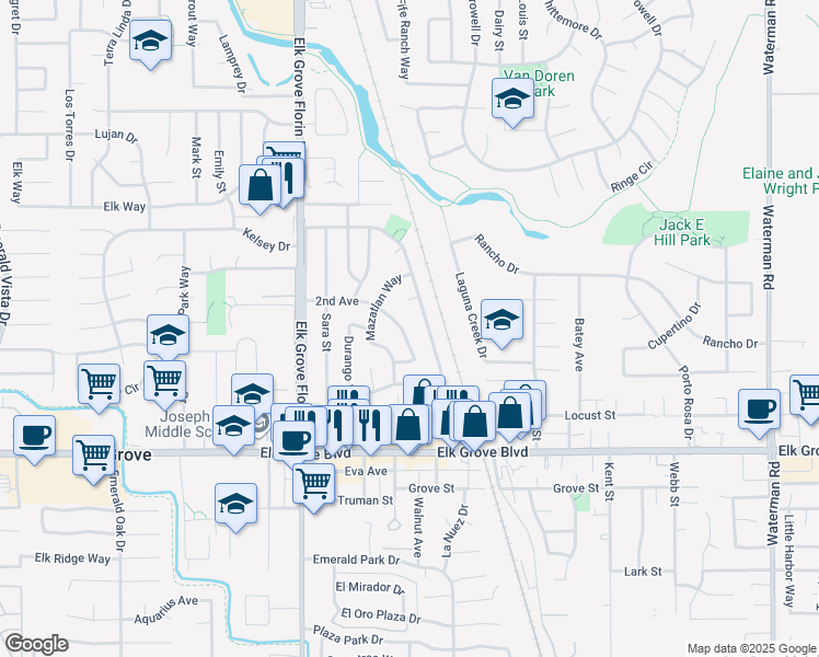 map of restaurants, bars, coffee shops, grocery stores, and more near 9407 2nd Avenue in Elk Grove