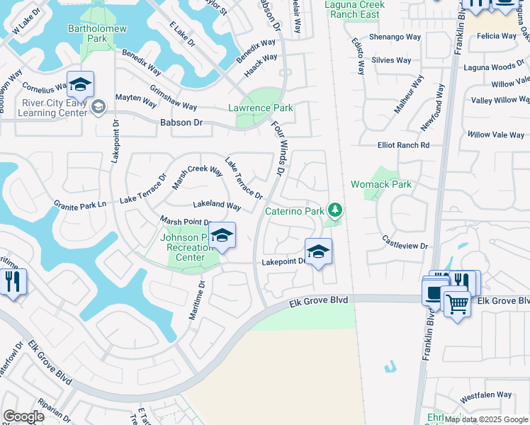 map of restaurants, bars, coffee shops, grocery stores, and more near 9436 Windrunner Lane in Elk Grove