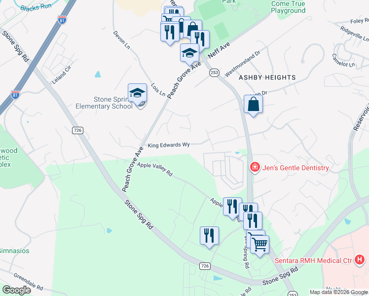 map of restaurants, bars, coffee shops, grocery stores, and more near 1180 King Edward Way in Harrisonburg