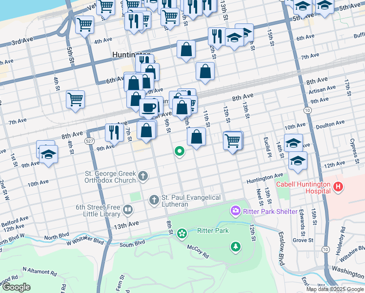 map of restaurants, bars, coffee shops, grocery stores, and more near 915 10th Street in Huntington
