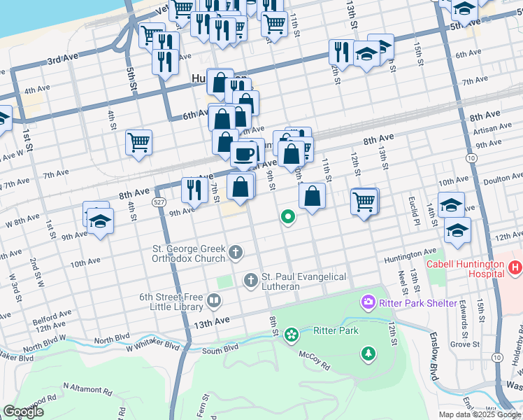 map of restaurants, bars, coffee shops, grocery stores, and more near 824 9th Avenue in Huntington