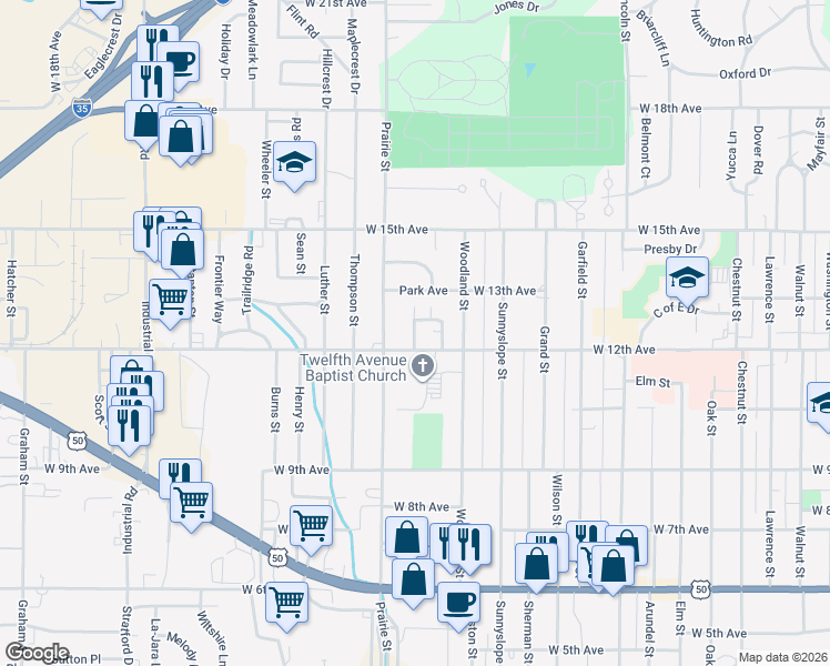 map of restaurants, bars, coffee shops, grocery stores, and more near 1216 Beverly Street in Emporia