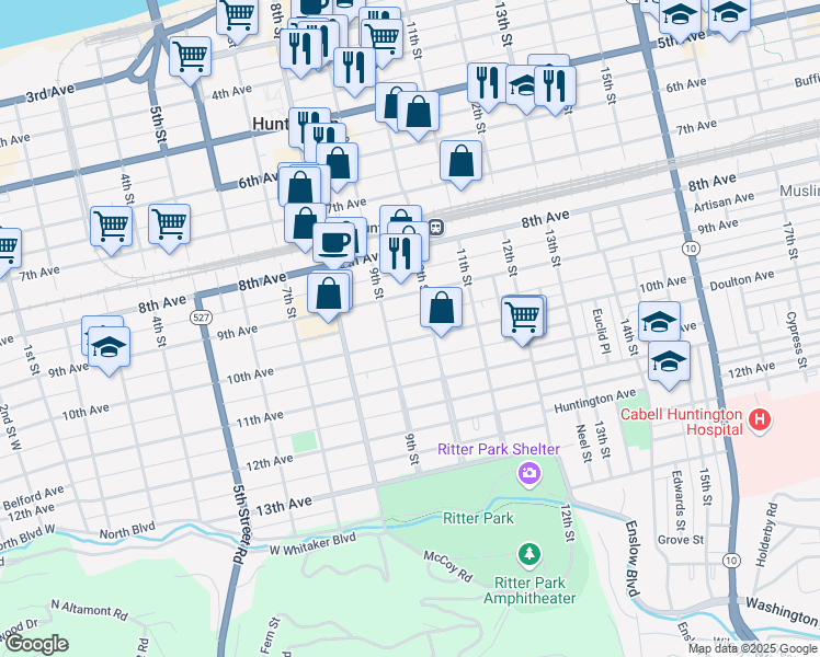 map of restaurants, bars, coffee shops, grocery stores, and more near 915 10th Street in Huntington