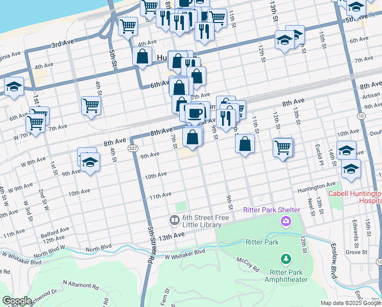 map of restaurants, bars, coffee shops, grocery stores, and more near 729 9th Avenue in Huntington