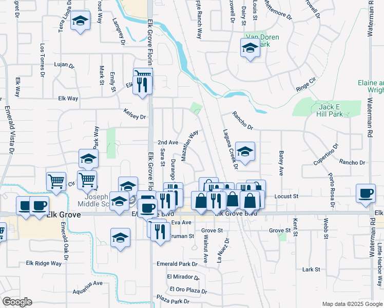 map of restaurants, bars, coffee shops, grocery stores, and more near 9407 2nd Avenue in Elk Grove