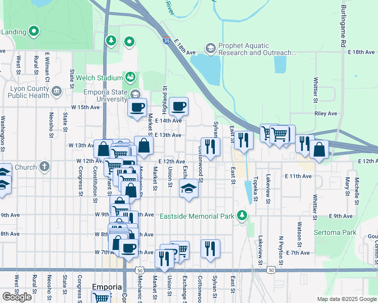 map of restaurants, bars, coffee shops, grocery stores, and more near 1225 Cottonwood Street in Emporia