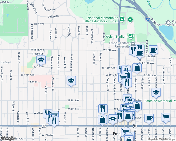 map of restaurants, bars, coffee shops, grocery stores, and more near 1228 Rural Street in Emporia