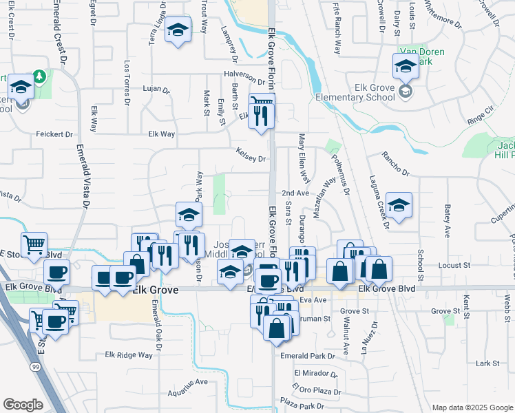 map of restaurants, bars, coffee shops, grocery stores, and more near 9510 Elk Grove Florin Road in Elk Grove