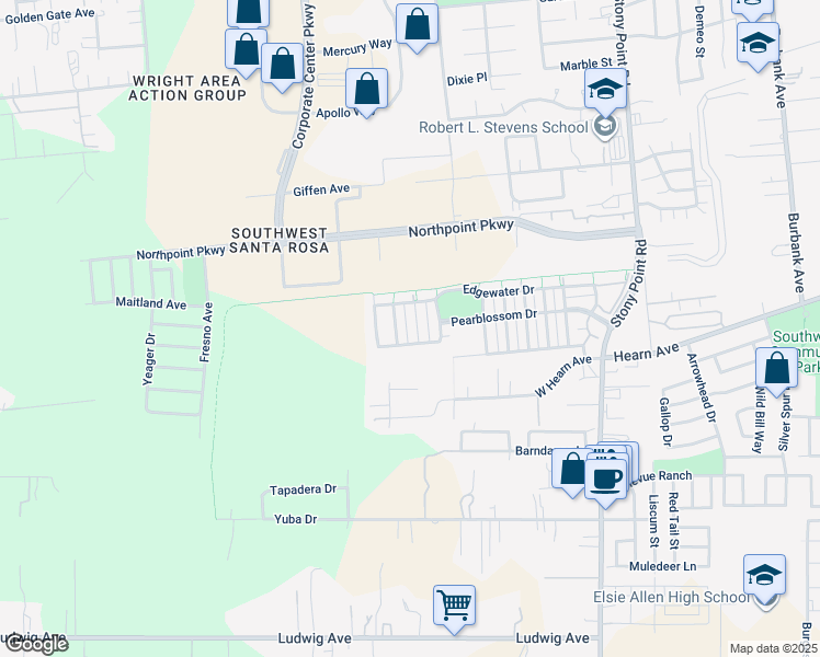 map of restaurants, bars, coffee shops, grocery stores, and more near 2934 Sweet Grass Lane in Santa Rosa