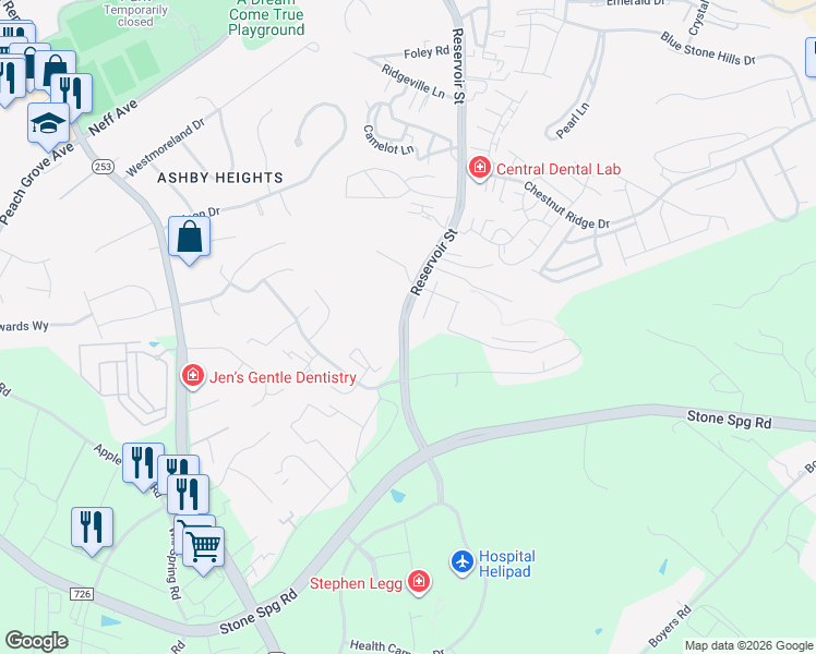 map of restaurants, bars, coffee shops, grocery stores, and more near 2650 Reservoir Street in Harrisonburg