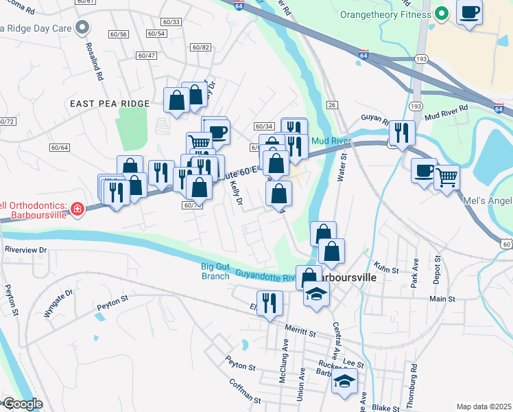 map of restaurants, bars, coffee shops, grocery stores, and more near 128 Sunny Drive in Barboursville