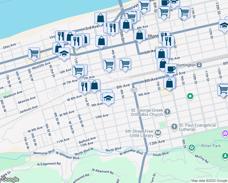 map of restaurants, bars, coffee shops, grocery stores, and more near 320 8th Avenue in Huntington