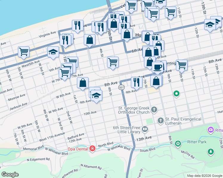 map of restaurants, bars, coffee shops, grocery stores, and more near 403 8th Avenue in Huntington