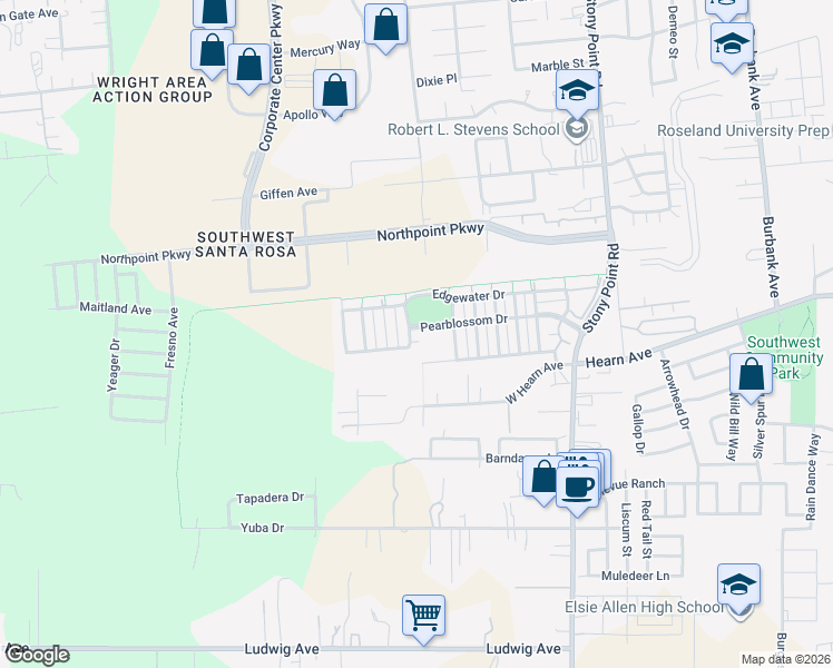 map of restaurants, bars, coffee shops, grocery stores, and more near 2868 Pearblossom Drive in Santa Rosa
