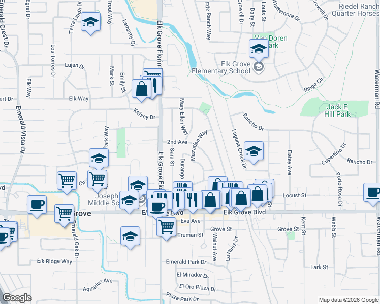 map of restaurants, bars, coffee shops, grocery stores, and more near 9420 Durango Way in Elk Grove