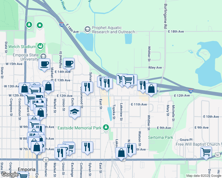 map of restaurants, bars, coffee shops, grocery stores, and more near 736 East 12th Avenue in Emporia