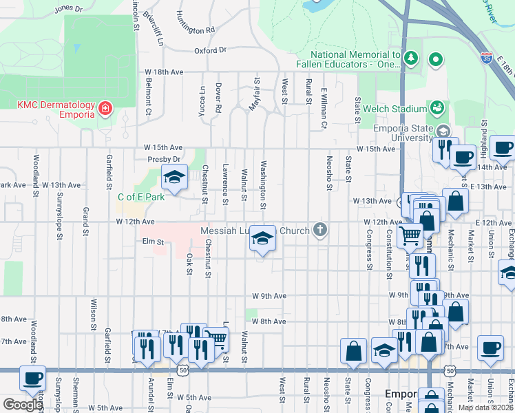 map of restaurants, bars, coffee shops, grocery stores, and more near 1236 Washington St in Emporia