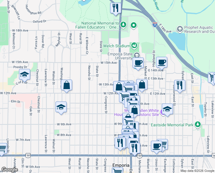 map of restaurants, bars, coffee shops, grocery stores, and more near 206 West 13th Avenue in Emporia