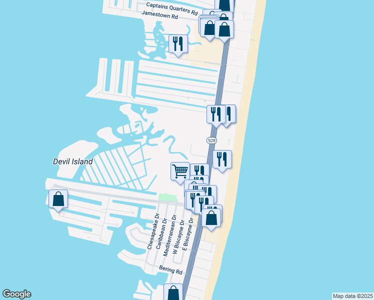 map of restaurants, bars, coffee shops, grocery stores, and more near 110 100th Street in Ocean City