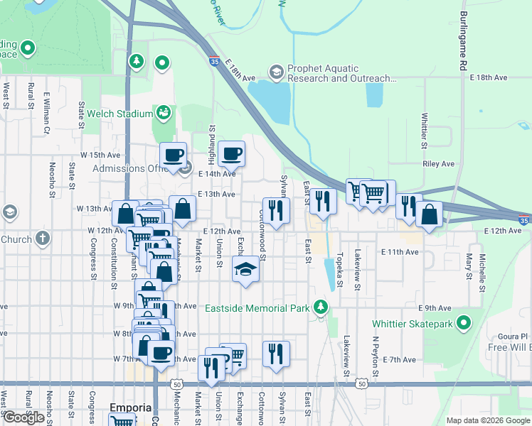 map of restaurants, bars, coffee shops, grocery stores, and more near 1225 Cottonwood Street in Emporia