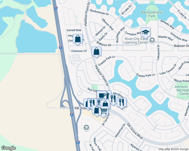 map of restaurants, bars, coffee shops, grocery stores, and more near 9444 Harbour Point Drive in Elk Grove