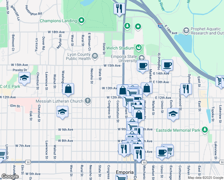map of restaurants, bars, coffee shops, grocery stores, and more near 206 West 13th Avenue in Emporia