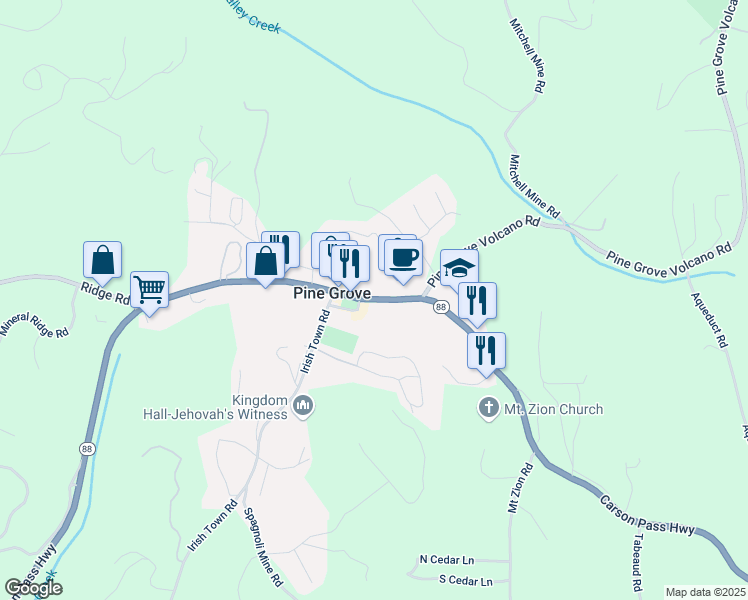 map of restaurants, bars, coffee shops, grocery stores, and more near 19895 Highway 88 in Pine Grove