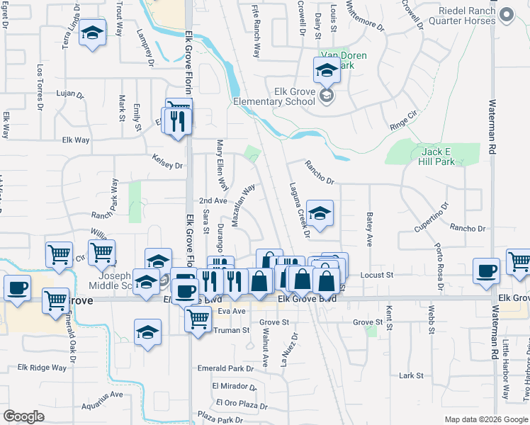 map of restaurants, bars, coffee shops, grocery stores, and more near 9397 Polhemus Drive in Elk Grove