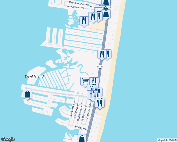 map of restaurants, bars, coffee shops, grocery stores, and more near 110 100th Street in Ocean City