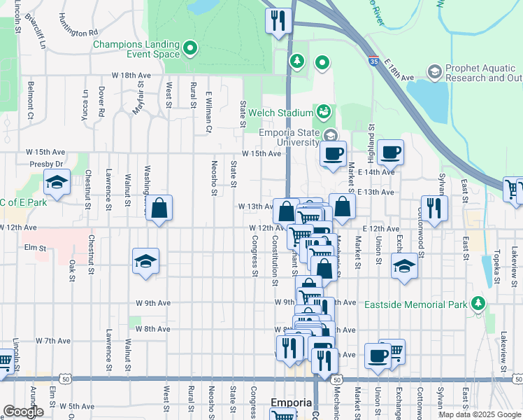 map of restaurants, bars, coffee shops, grocery stores, and more near 206 West 13th Avenue in Emporia