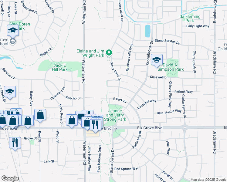 map of restaurants, bars, coffee shops, grocery stores, and more near 9387 Brenton Court in Elk Grove