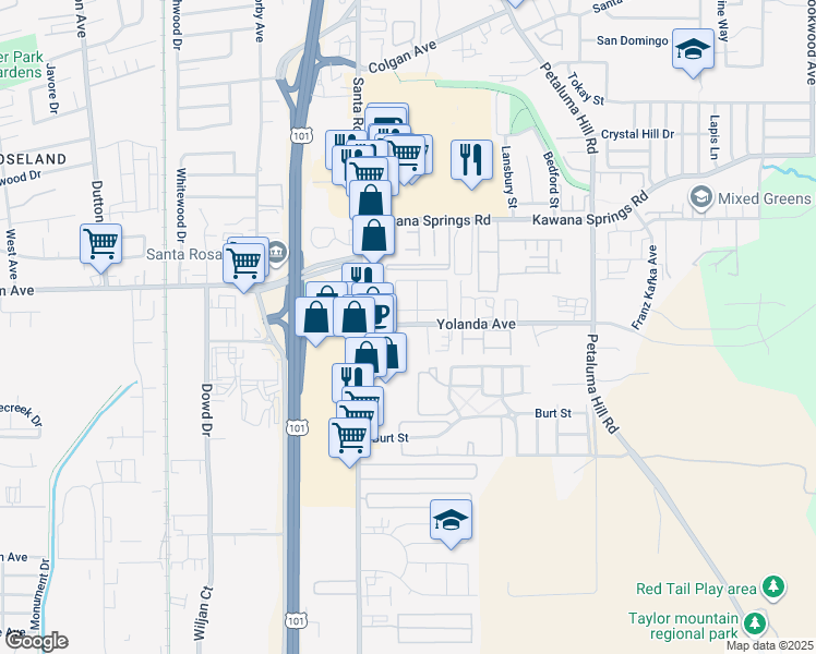 map of restaurants, bars, coffee shops, grocery stores, and more near 340 Yolanda Avenue in Santa Rosa