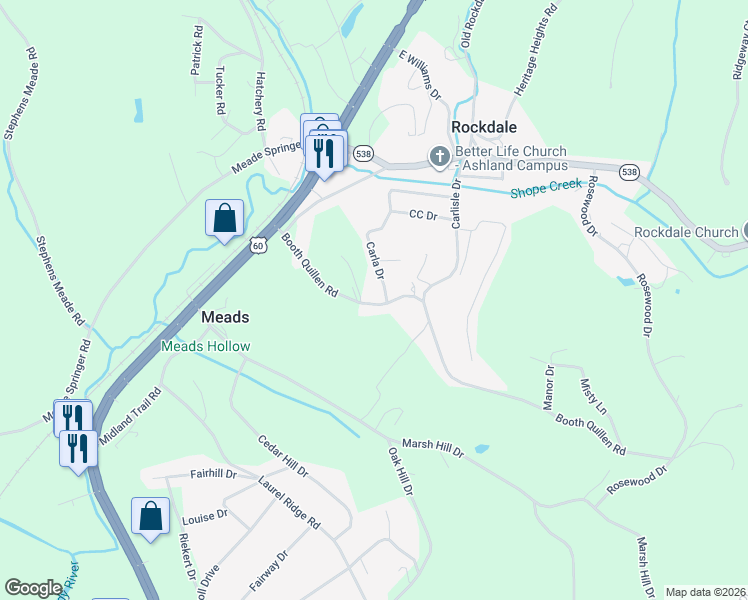 map of restaurants, bars, coffee shops, grocery stores, and more near 8300-8310 Carla Drive in Ashland