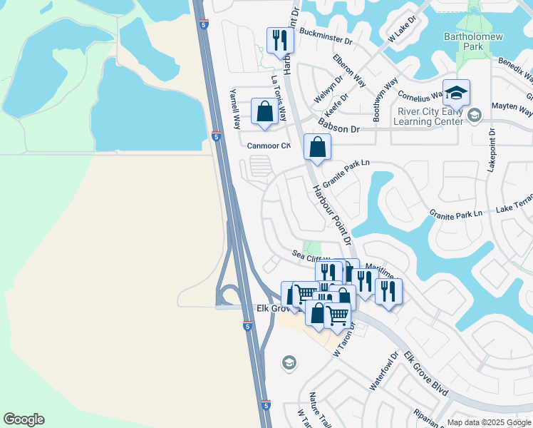 map of restaurants, bars, coffee shops, grocery stores, and more near 9240 Sea Cliff Way in Elk Grove
